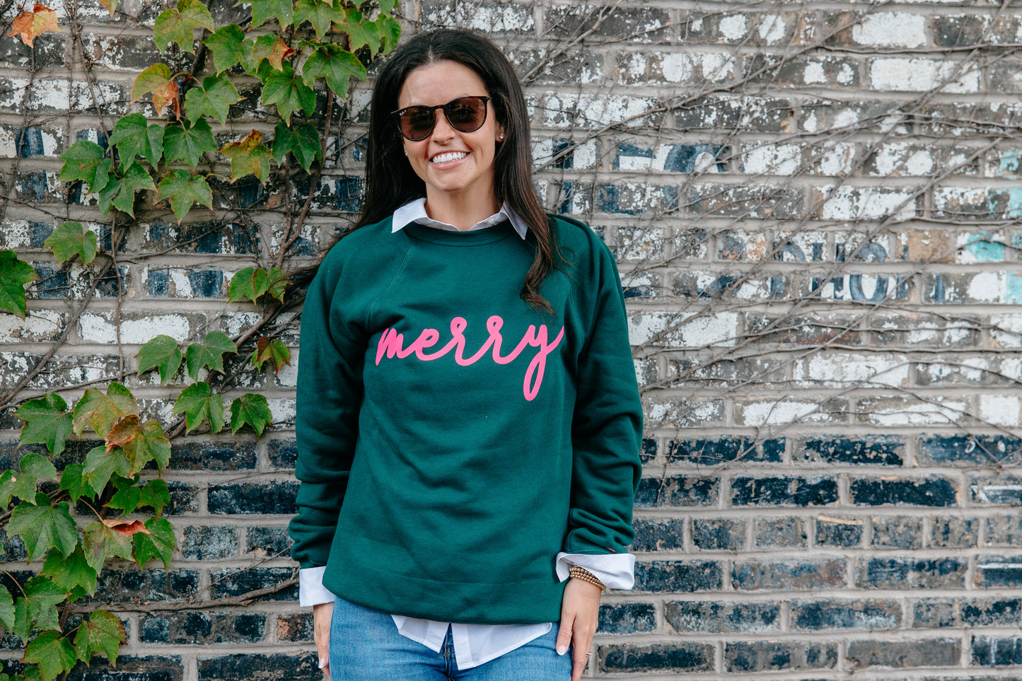 Hot Pink Merry Adult Crewneck - Forest Green